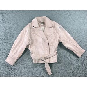 Guess Moto Jacket Women S Pink Crinkled Faux Leather Belted Cropped Biker